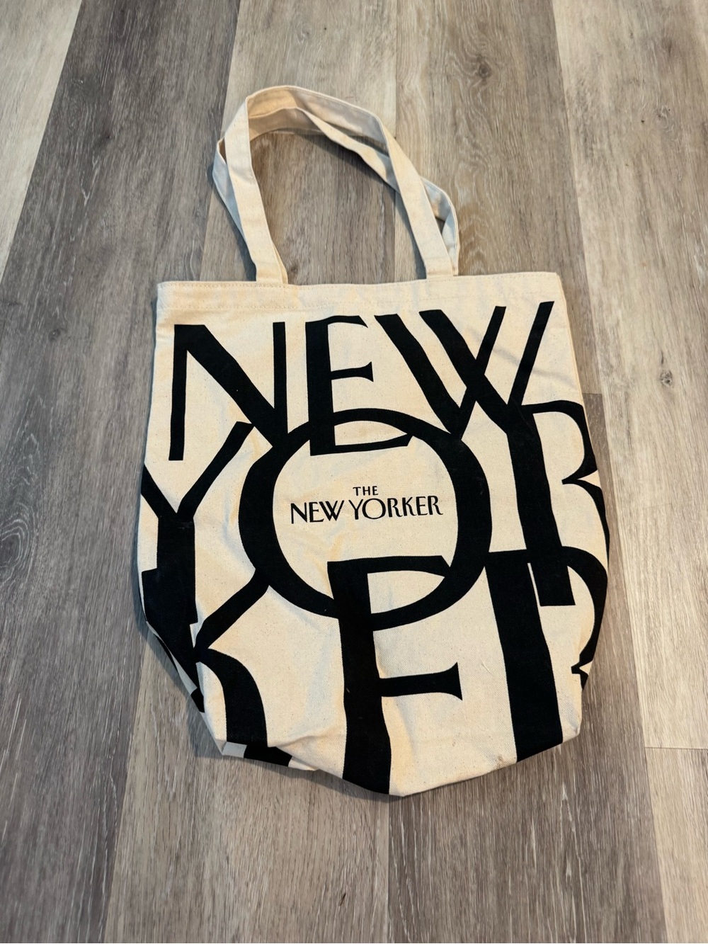 The New Yorker promotional canvas tote bag, w/ large stylized text design
